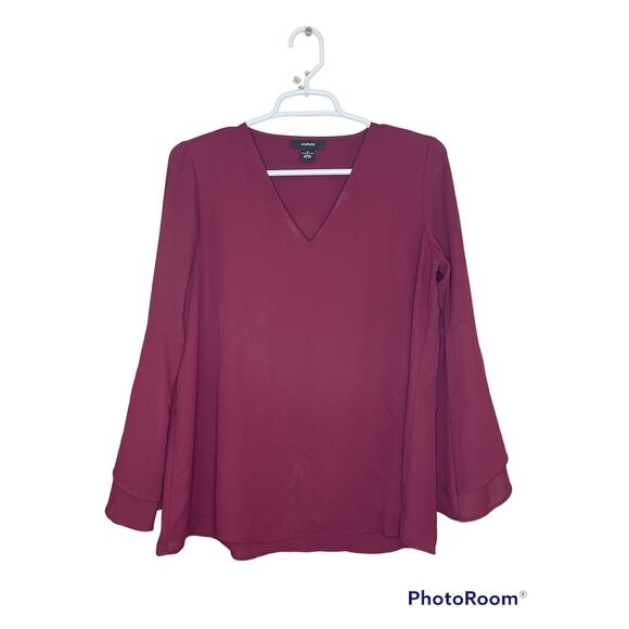 Alfani Maroon Purple Red Long Flowy Bell Sleeve V Neck Tunic Blouse Size 2 - Picture 1 of 8